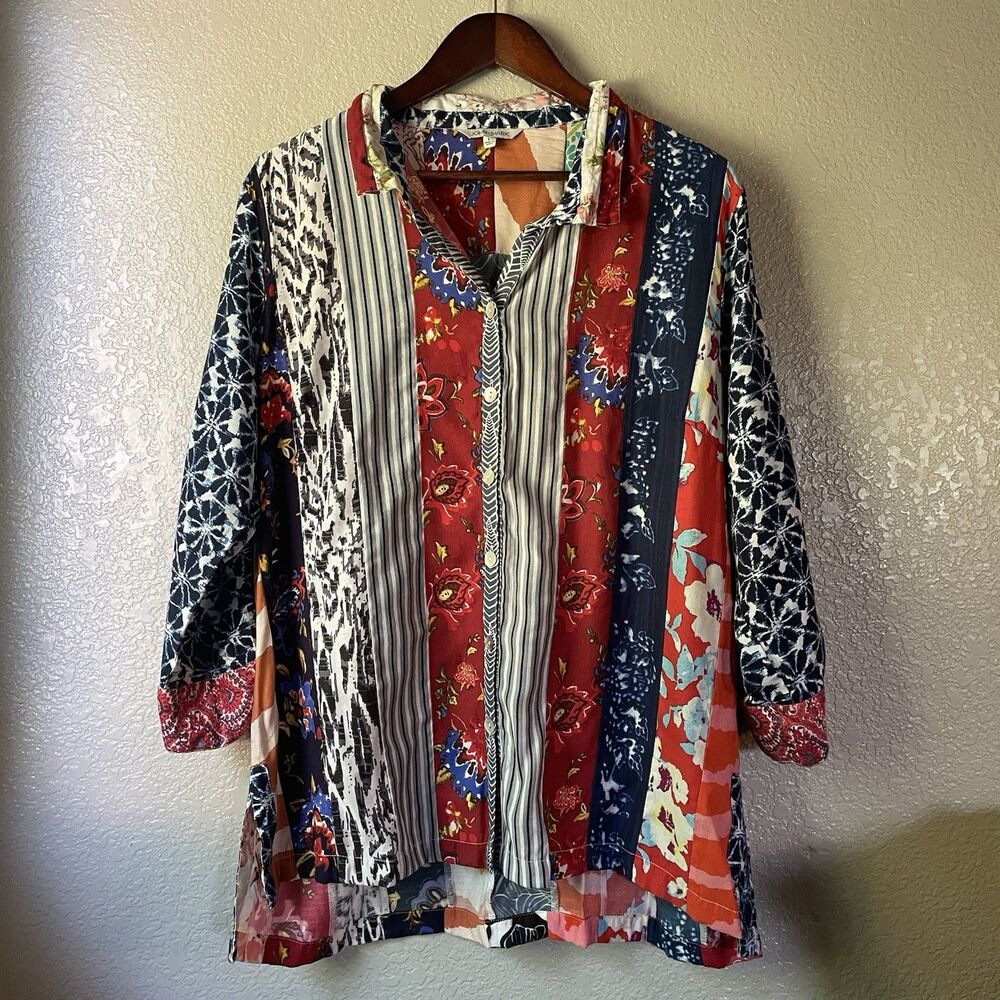 John Mark Large Abstract Floral Patchwork Button Down Shirt Top 3/4 Sleeve